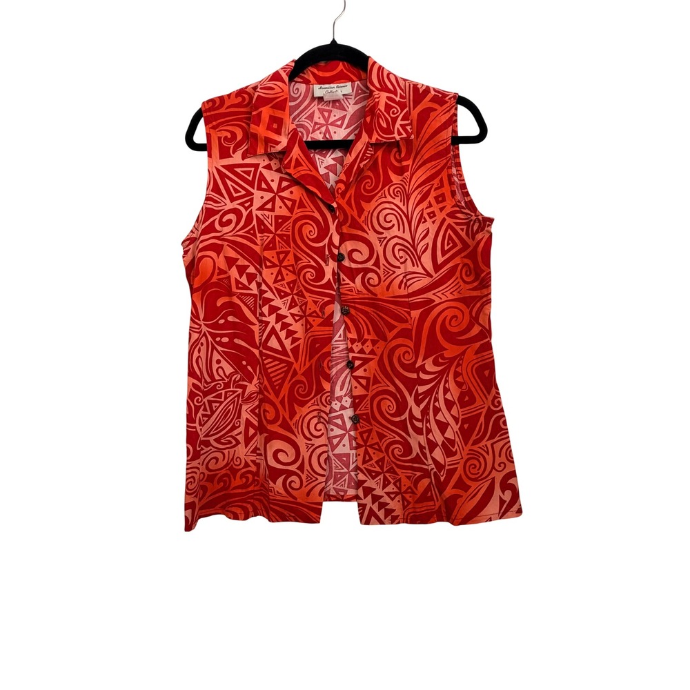 Hawaiian Reserve Collection Red Orange Tribal Print Sleeveless Button Down Top S